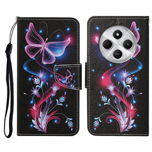 For Xiaomi Poco C75 4G / Redmi 14R 5G / 14C 4G Case Pattern Printing Protective Leather Folio Phone Cover - Glowing Butterfly