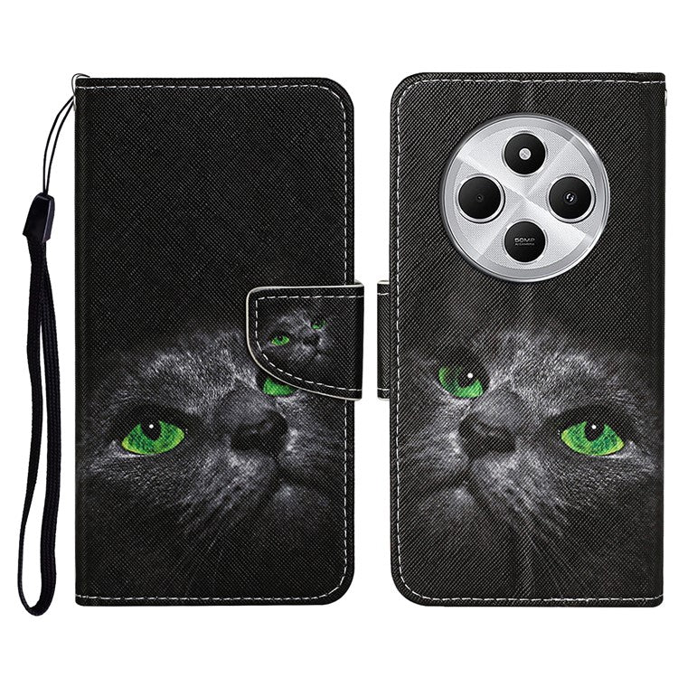 For Xiaomi Poco C75 4G / Redmi 14R 5G / 14C 4G Case Pattern Printing Protective Leather Folio Phone Cover - Black Cat