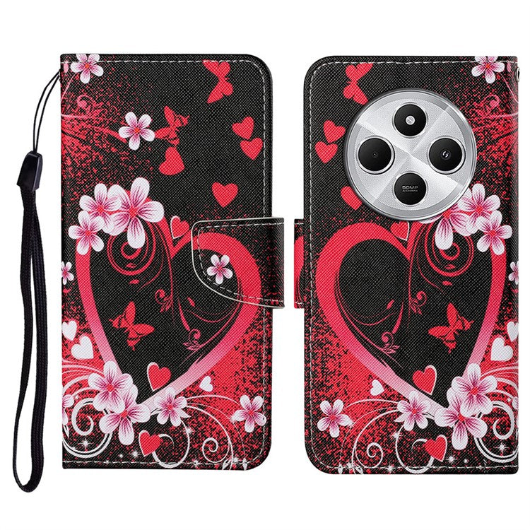 For Xiaomi Poco C75 4G / Redmi 14R 5G / 14C 4G Case Pattern Printing Protective Leather Folio Phone Cover - Red Heart