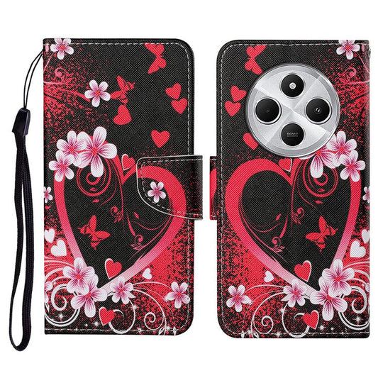 For Xiaomi Poco C75 4G / Redmi 14R 5G / 14C 4G Case Pattern Printing Protective Leather Folio Phone Cover - Red Heart