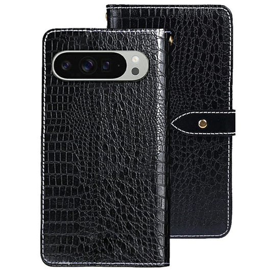 IDEWEI For Google Pixel 9 Pro XL Case Crocodile Texture PU Leather Flip Phone Cover - Black