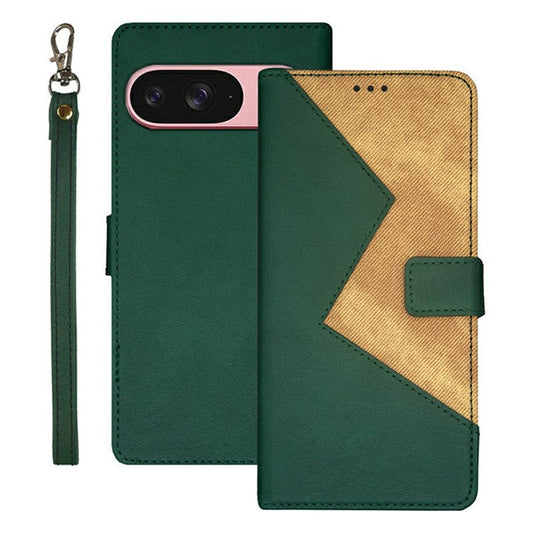 IDEWEI For Google Pixel 9 / 9 Pro Case Card Slots Splicing Color Leather Phone Cover - Green
