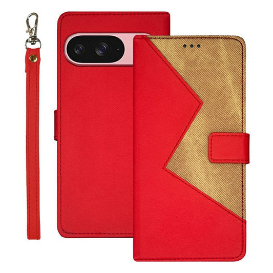 IDEWEI For Google Pixel 9 / 9 Pro Case Card Slots Splicing Color Leather Phone Cover - Red