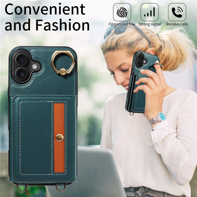 For iPhone 16 Plus Case Leather Crossbody Phone Cover Card Holder Kickstand - Blue
