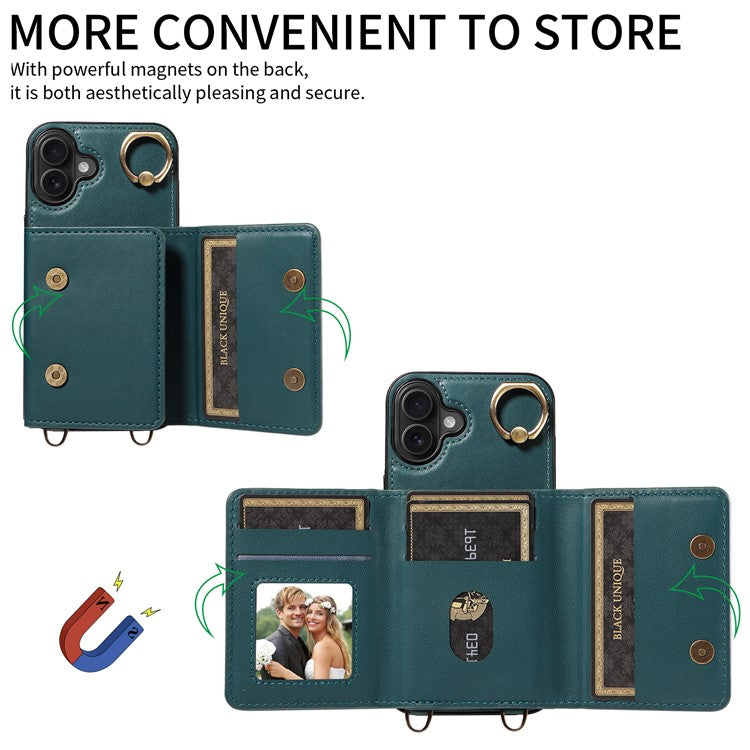 For iPhone 16 Plus Case Leather Crossbody Phone Cover Card Holder Kickstand - Blue