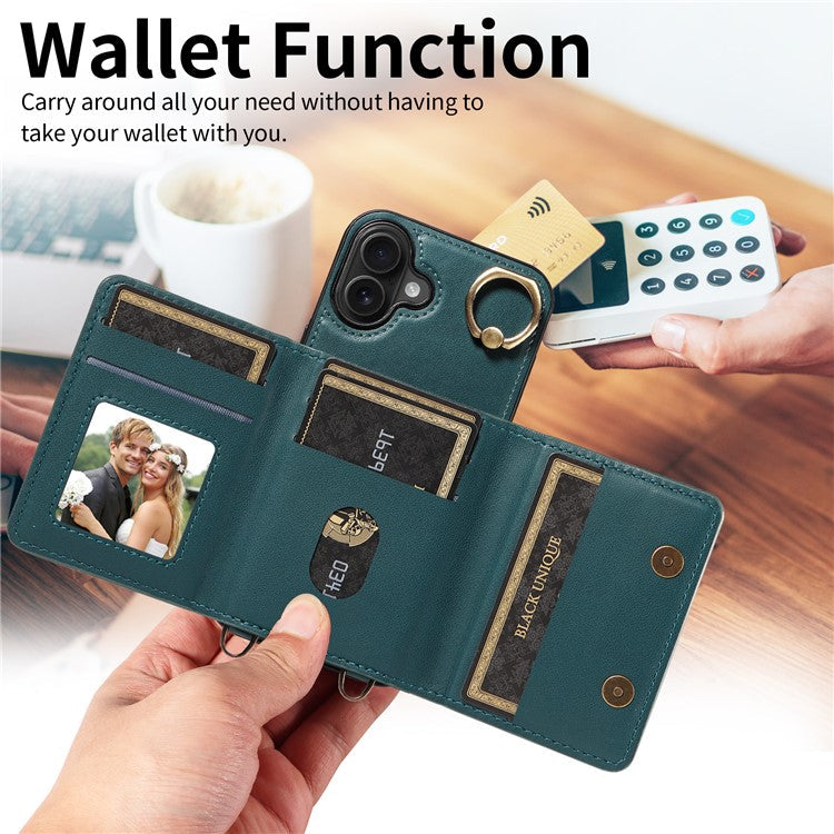For iPhone 16 Plus Case Leather Crossbody Phone Cover Card Holder Kickstand - Blue