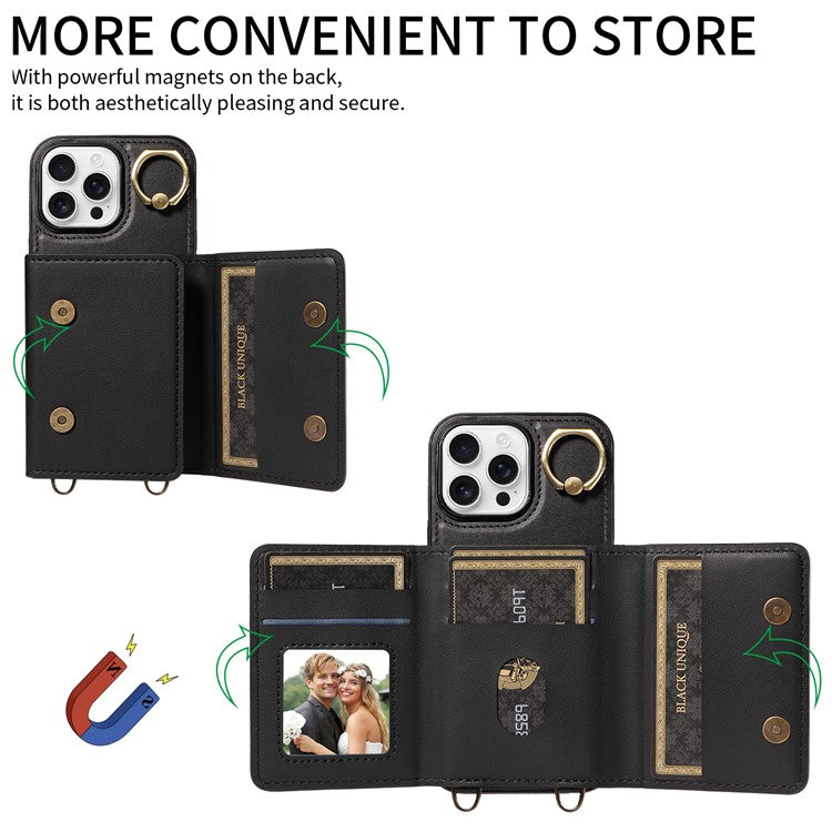 For iPhone 16 Pro Case Leather Crossbody Phone Cover Card Holder Kickstand - Black