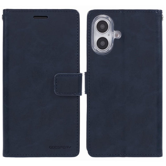 MERCURY GOOSPERY Blue Moon For iPhone 16 Case Stand Full Protection Leather Phone Cover - Dark Blue