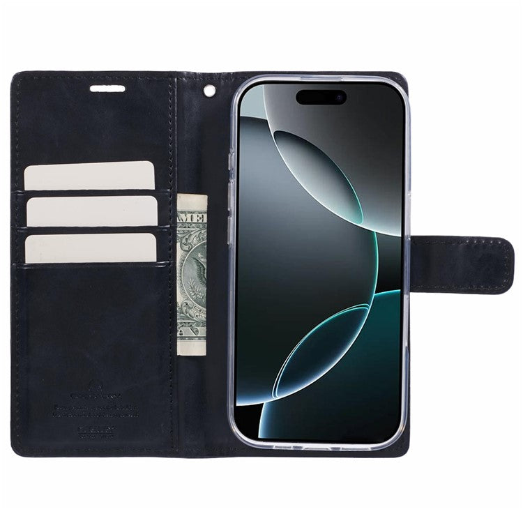 MERCURY GOOSPERY Blue Moon For iPhone 16 Case Stand Full Protection Leather Phone Cover - Dark Blue