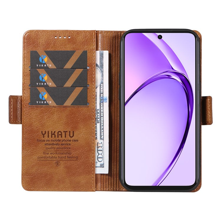 YIKATU YK-007 For Oppo A3x 4G / 5G (India) / A3 4G / 5G / A60 5G / A40 4G / A40M 4G Case Side Buckle PU Leather Phone Cover Litchi Texture - Brown