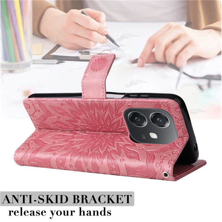 KT Imprinting Flower Series-1 For Oppo A3x 4G / 5G (India) / A3 4G / 5G / A60 5G / A40 4G / A40M 4G Case Sunflower Leather Wallet Phone Cover - Pink