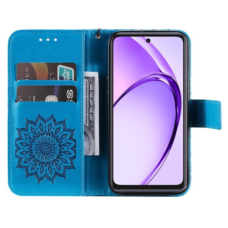 KT Imprinting Flower Series-1 For Oppo A3x 4G / 5G (India) / A3 4G / 5G / A60 5G / A40 4G / A40M 4G Case Sunflower Leather Wallet Phone Cover - Blue