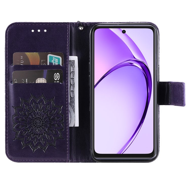 KT Imprinting Flower Series-1 For Oppo A3x 4G / 5G (India) / A3 4G / 5G / A60 5G / A40 4G / A40M 4G Case Sunflower Leather Wallet Phone Cover - Purple
