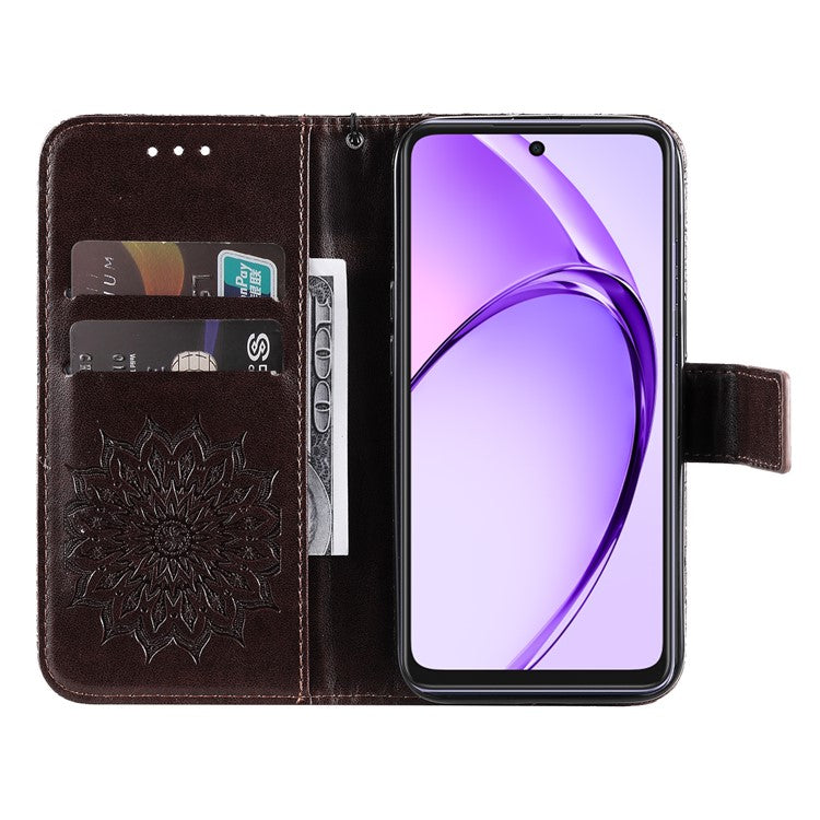 KT Imprinting Flower Series-1 For Oppo A3x 4G / 5G (India) / A3 4G / 5G / A60 5G / A40 4G / A40M 4G Case Sunflower Leather Wallet Phone Cover - Brown