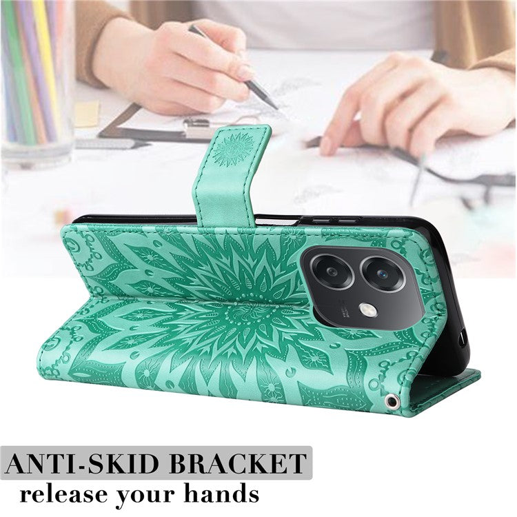 KT Imprinting Flower Series-1 For Oppo A3x 4G / 5G (India) / A3 4G / 5G / A60 5G / A40 4G / A40M 4G Case Sunflower Leather Wallet Phone Cover - Green