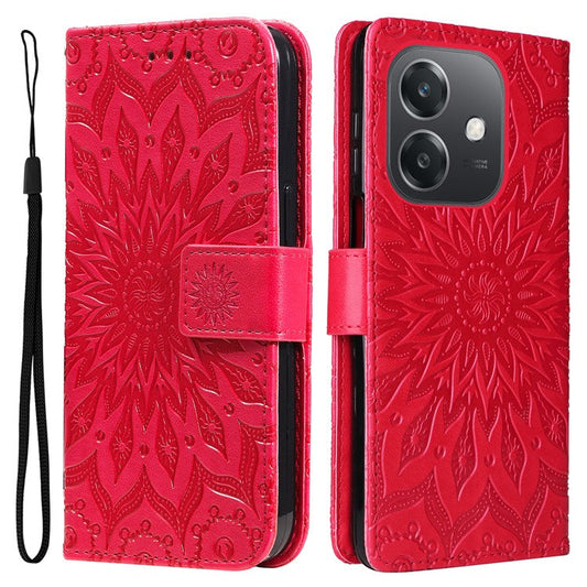 KT Imprinting Flower Series-1 For Oppo A3x 4G / 5G (India) / A3 4G / 5G / A60 5G / A40 4G / A40M 4G Case Sunflower Leather Wallet Phone Cover - Red