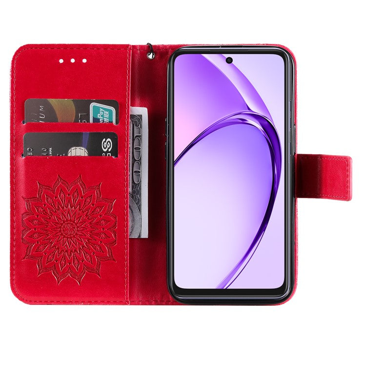 KT Imprinting Flower Series-1 For Oppo A3x 4G / 5G (India) / A3 4G / 5G / A60 5G / A40 4G / A40M 4G Case Sunflower Leather Wallet Phone Cover - Red