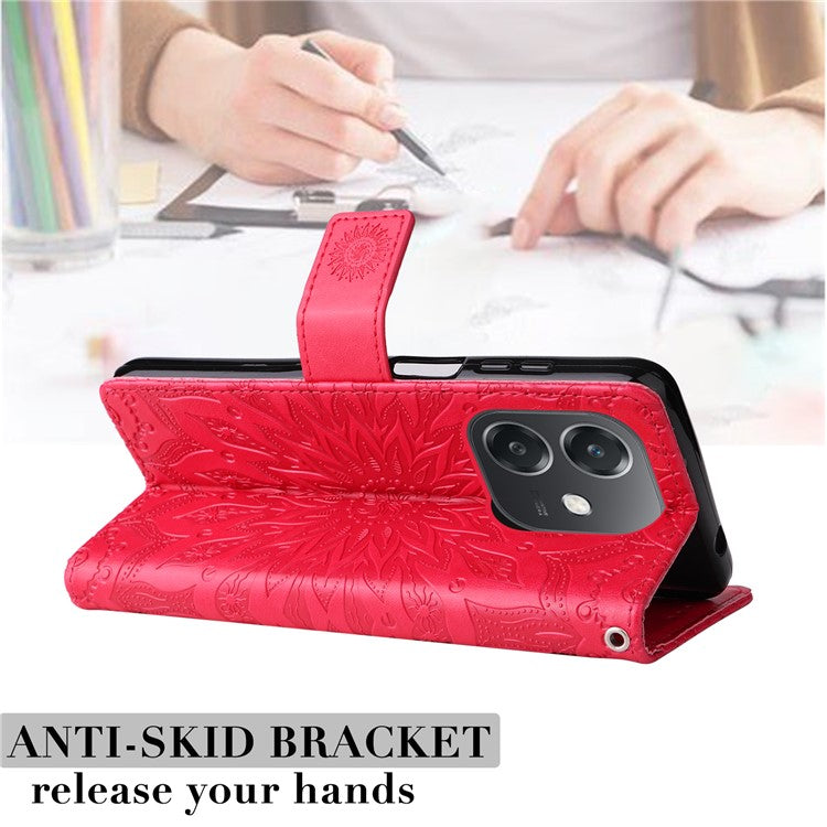 KT Imprinting Flower Series-1 For Oppo A3x 4G / 5G (India) / A3 4G / 5G / A60 5G / A40 4G / A40M 4G Case Sunflower Leather Wallet Phone Cover - Red