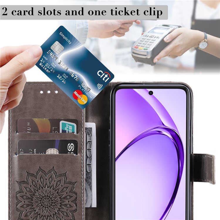 KT Imprinting Flower Series-1 For Oppo A3x 4G / 5G (India) / A3 4G / 5G / A60 5G / A40 4G / A40M 4G Case Sunflower Leather Wallet Phone Cover - Grey