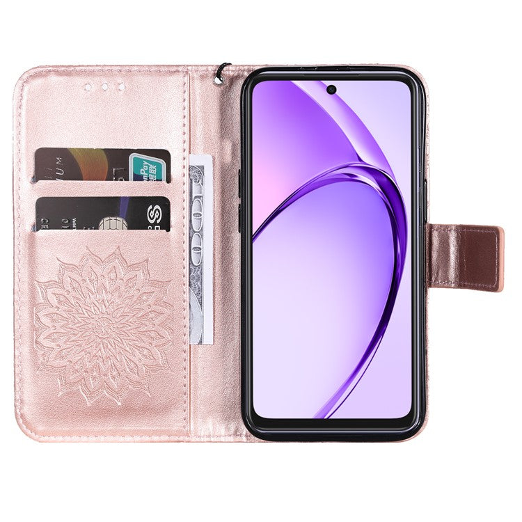KT Imprinting Flower Series-1 For Oppo A3x 4G / 5G (India) / A3 4G / 5G / A60 5G / A40 4G / A40M 4G Case Sunflower Leather Wallet Phone Cover - Rose Gold