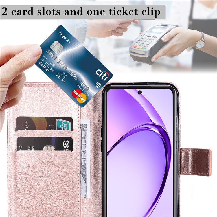 KT Imprinting Flower Series-1 For Oppo A3x 4G / 5G (India) / A3 4G / 5G / A60 5G / A40 4G / A40M 4G Case Sunflower Leather Wallet Phone Cover - Rose Gold