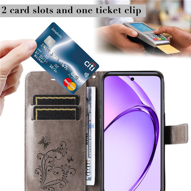 KT Imprinting Flower Series-2 For Oppo A3x 4G / 5G (India) / A3 4G / 5G / A60 5G / A40 4G / A40M 4G Case Butterfly Leather Phone Cover - Grey