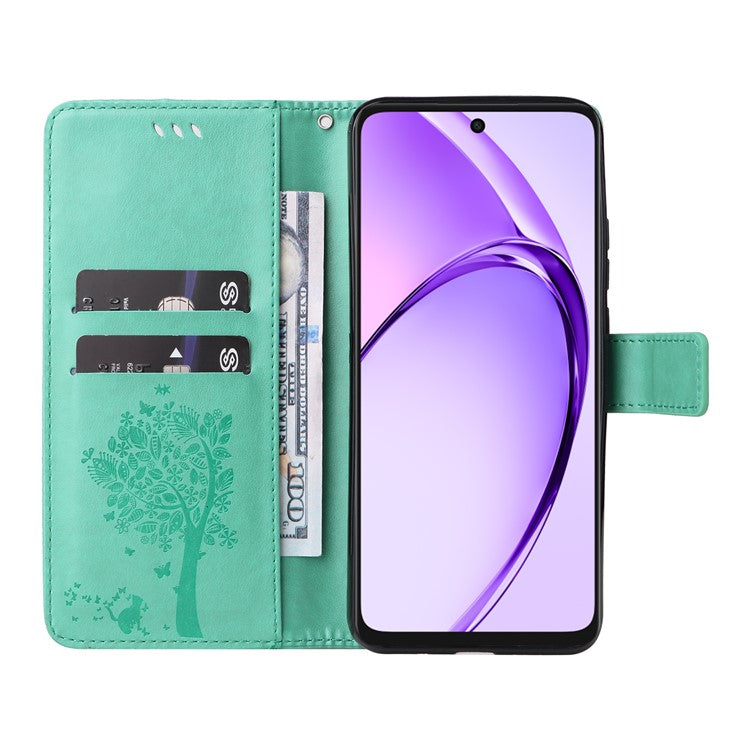 KT Imprinting Flower Series-3 For Oppo A3x 4G / 5G (India) / A3 4G / 5G / A60 5G / A40 4G / A40M 4G Case Cat Tree Pattern Flip Leather Phone Cover - Green