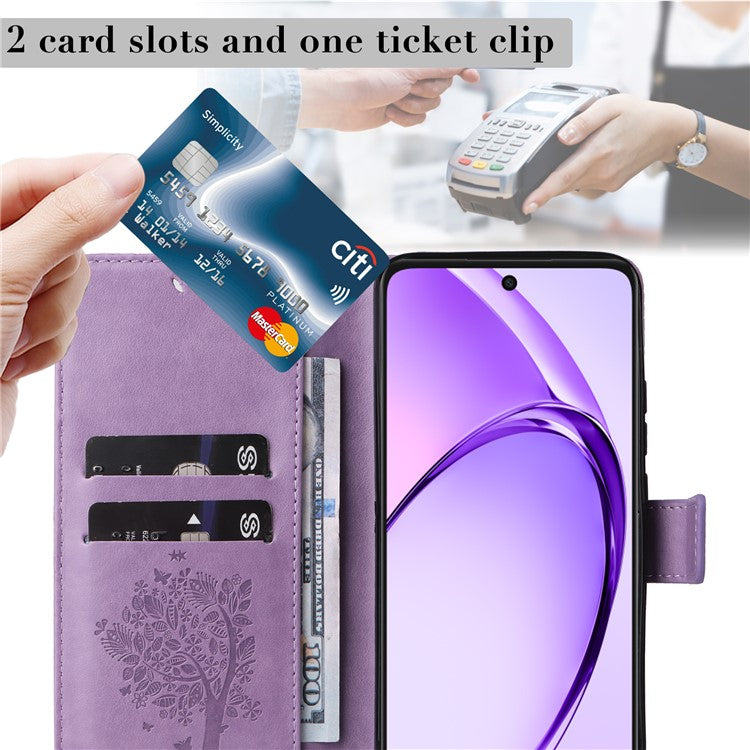 KT Imprinting Flower Series-3 For Oppo A3x 4G / 5G (India) / A3 4G / 5G / A60 5G / A40 4G / A40M 4G Case Cat Tree Pattern Flip Leather Phone Cover - Light Purple