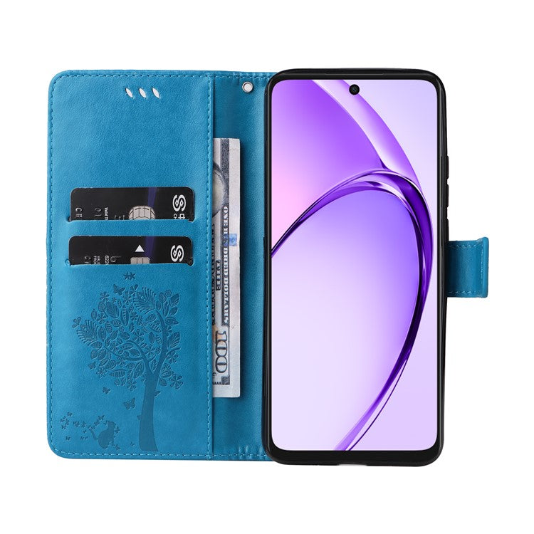 KT Imprinting Flower Series-3 For Oppo A3x 4G / 5G (India) / A3 4G / 5G / A60 5G / A40 4G / A40M 4G Case Cat Tree Pattern Flip Leather Phone Cover - Blue