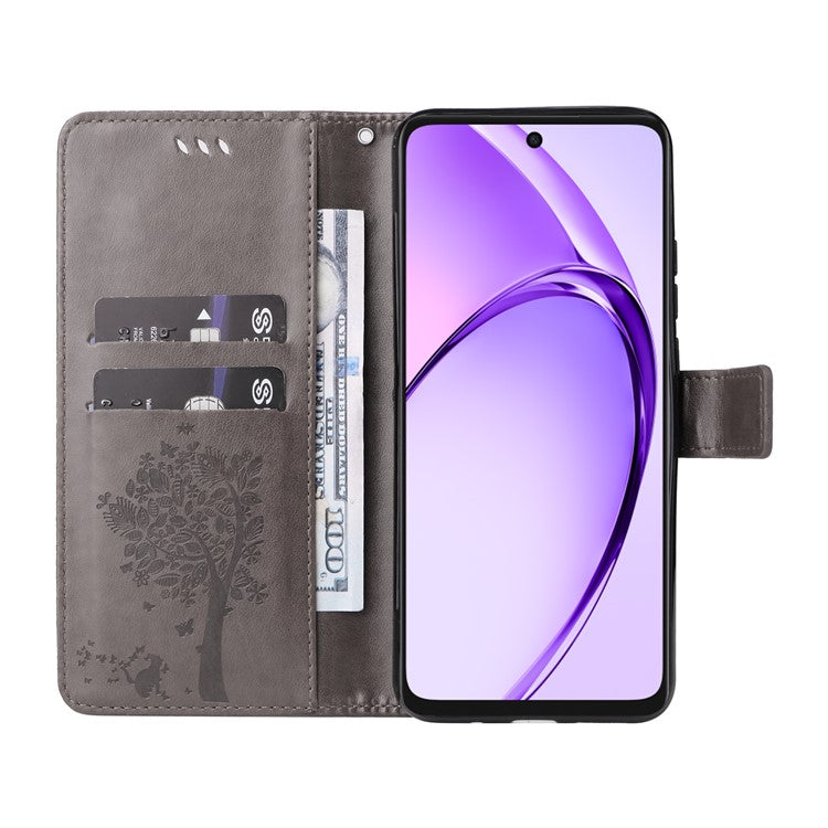 KT Imprinting Flower Series-3 For Oppo A3x 4G / 5G (India) / A3 4G / 5G / A60 5G / A40 4G / A40M 4G Case Cat Tree Pattern Flip Leather Phone Cover - Grey