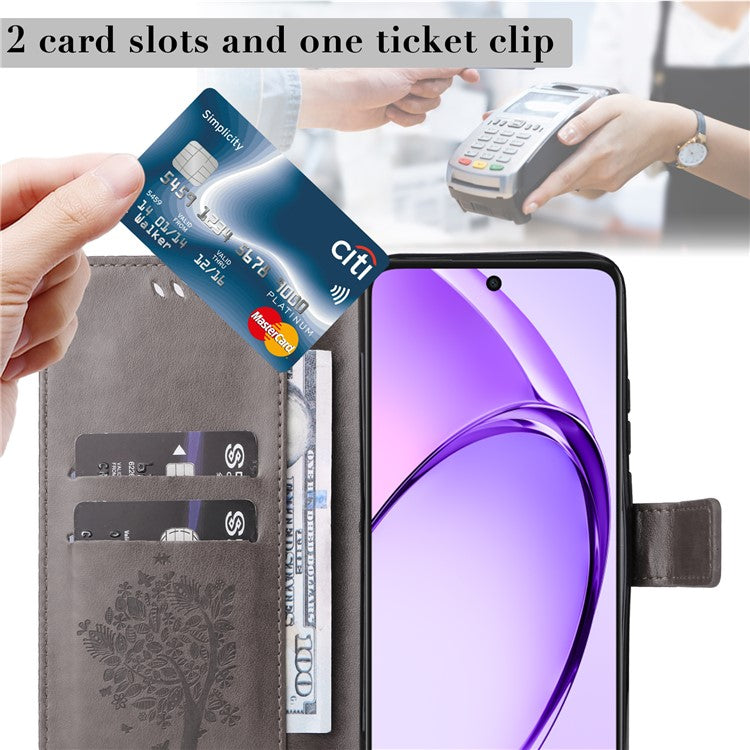 KT Imprinting Flower Series-3 For Oppo A3x 4G / 5G (India) / A3 4G / 5G / A60 5G / A40 4G / A40M 4G Case Cat Tree Pattern Flip Leather Phone Cover - Grey