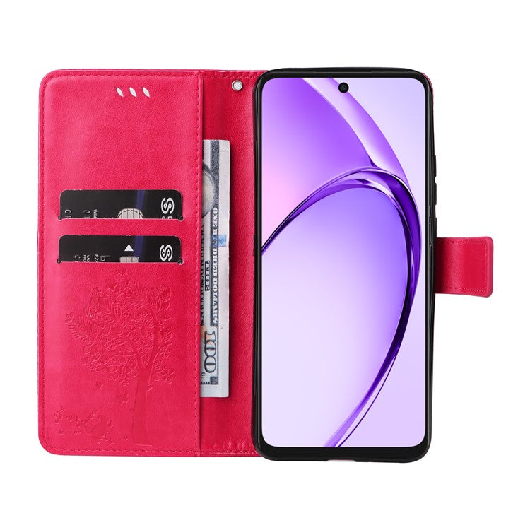 KT Imprinting Flower Series-3 For Oppo A3x 4G / 5G (India) / A3 4G / 5G / A60 5G / A40 4G / A40M 4G Case Cat Tree Pattern Flip Leather Phone Cover - Rose