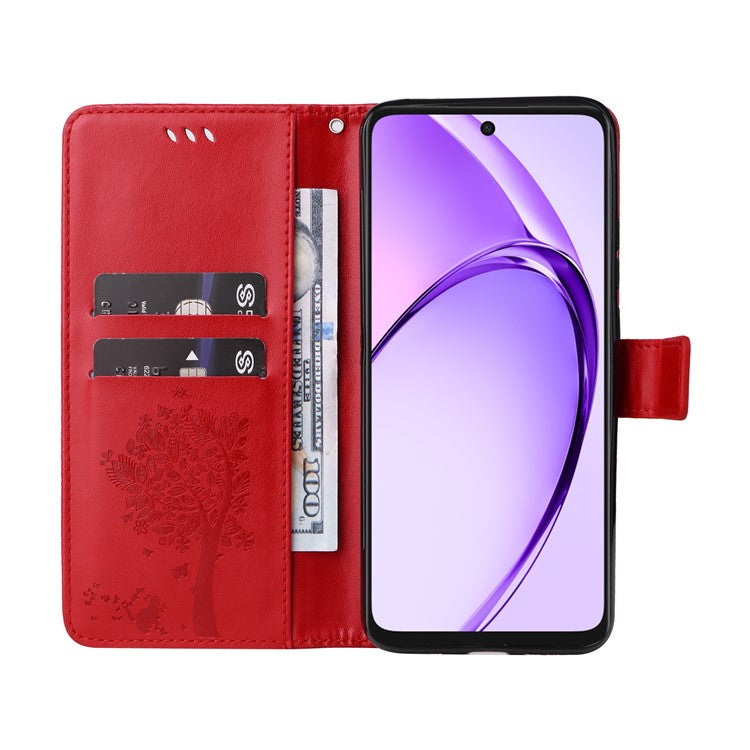 KT Imprinting Flower Series-3 For Oppo A3x 4G / 5G (India) / A3 4G / 5G / A60 5G / A40 4G / A40M 4G Case Cat Tree Pattern Flip Leather Phone Cover - Red