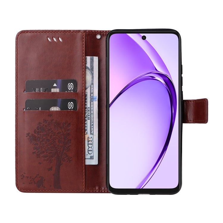 KT Imprinting Flower Series-3 For Oppo A3x 4G / 5G (India) / A3 4G / 5G / A60 5G / A40 4G / A40M 4G Case Cat Tree Pattern Flip Leather Phone Cover - Coffee