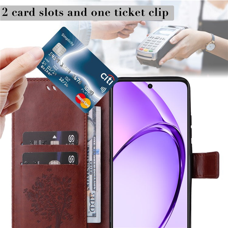 KT Imprinting Flower Series-3 For Oppo A3x 4G / 5G (India) / A3 4G / 5G / A60 5G / A40 4G / A40M 4G Case Cat Tree Pattern Flip Leather Phone Cover - Coffee