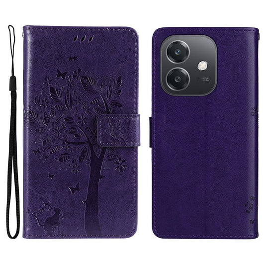 KT Imprinting Flower Series-3 For Oppo A3x 4G / 5G (India) / A3 4G / 5G / A60 5G / A40 4G / A40M 4G Case Cat Tree Pattern Flip Leather Phone Cover - Purple