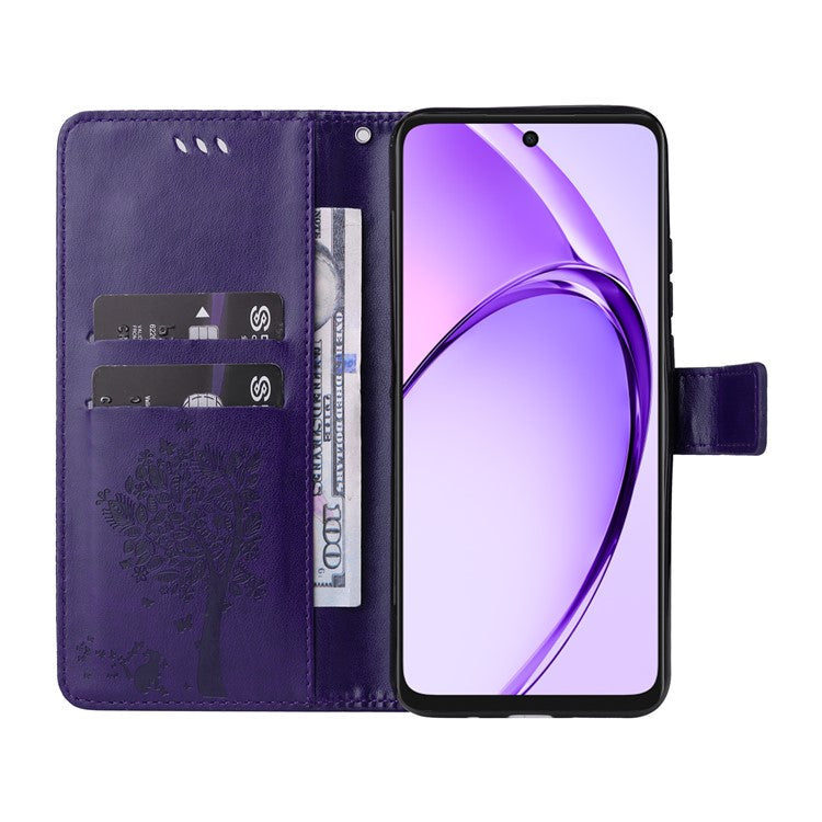 KT Imprinting Flower Series-3 For Oppo A3x 4G / 5G (India) / A3 4G / 5G / A60 5G / A40 4G / A40M 4G Case Cat Tree Pattern Flip Leather Phone Cover - Purple