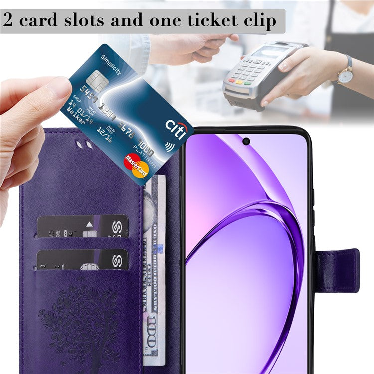 KT Imprinting Flower Series-3 For Oppo A3x 4G / 5G (India) / A3 4G / 5G / A60 5G / A40 4G / A40M 4G Case Cat Tree Pattern Flip Leather Phone Cover - Purple
