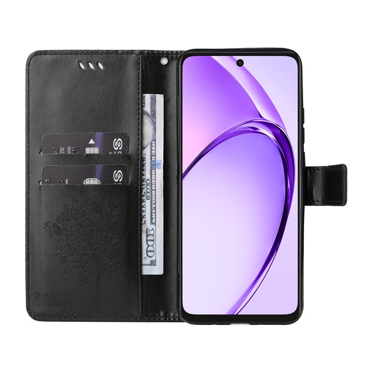 KT Imprinting Flower Series-3 For Oppo A3x 4G / 5G (India) / A3 4G / 5G / A60 5G / A40 4G / A40M 4G Case Cat Tree Pattern Flip Leather Phone Cover - Black