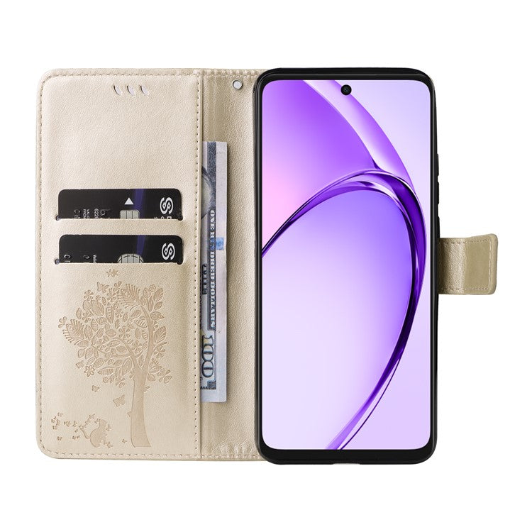 KT Imprinting Flower Series-3 For Oppo A3x 4G / 5G (India) / A3 4G / 5G / A60 5G / A40 4G / A40M 4G Case Cat Tree Pattern Flip Leather Phone Cover - Gold