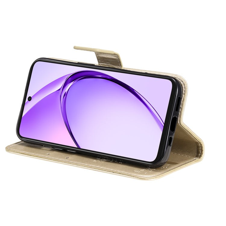 KT Imprinting Flower Series-3 For Oppo A3x 4G / 5G (India) / A3 4G / 5G / A60 5G / A40 4G / A40M 4G Case Cat Tree Pattern Flip Leather Phone Cover - Gold