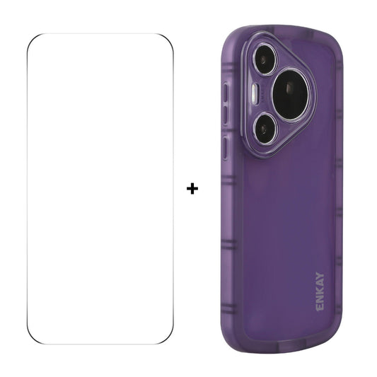 For Huawei Pura 70 ENKAY HAT PRINCE Case Four Corners Shockproof Matte TPU Phone Cover + 9H Glass Protector - Purple