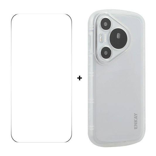 For Huawei Pura 70 ENKAY HAT PRINCE Case Four Corners Shockproof Matte TPU Phone Cover + 9H Glass Protector - White
