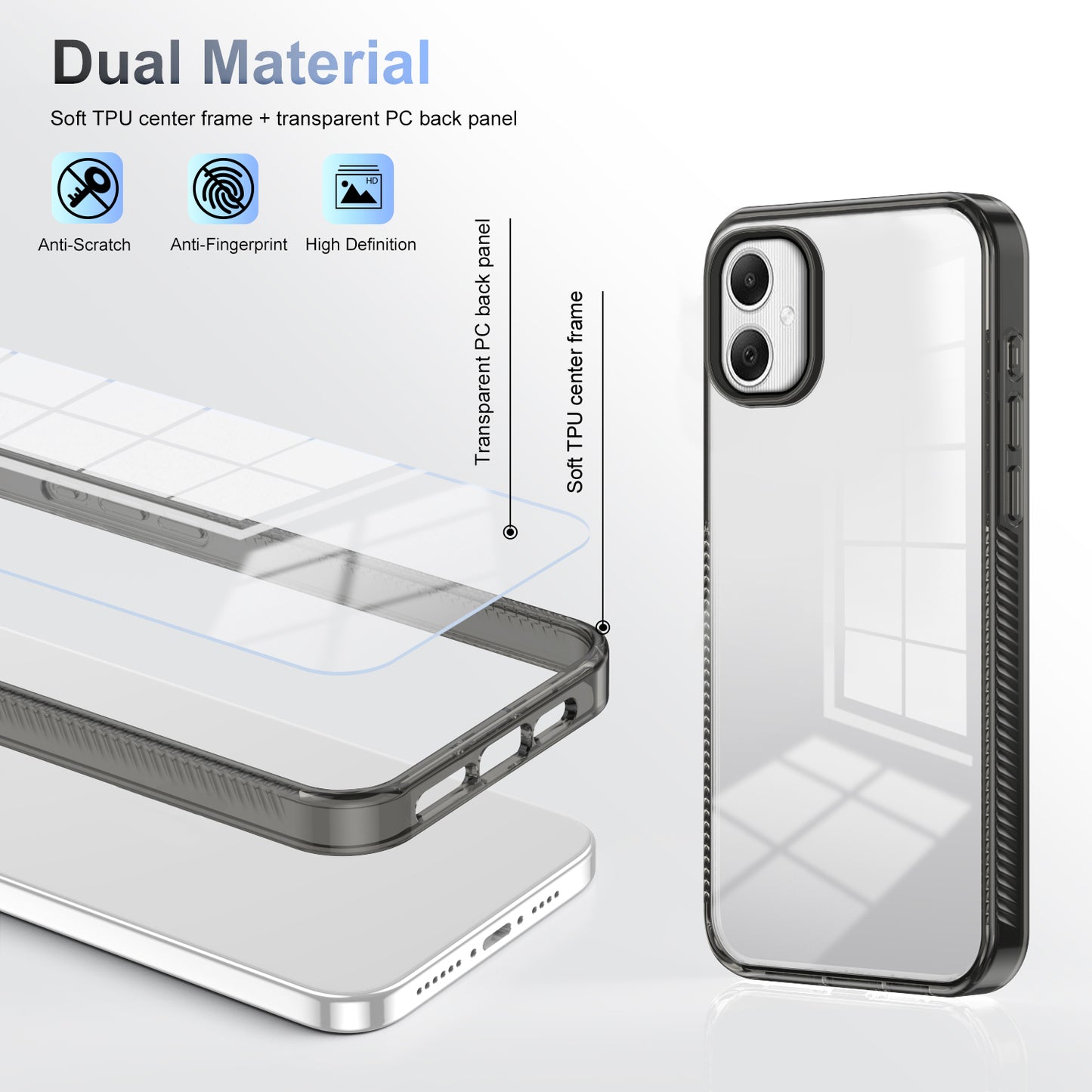 For Samsung Galaxy A06 Clear Phone Case TPU+PC Anti-Slip Drop-Proof Back Cover - Black