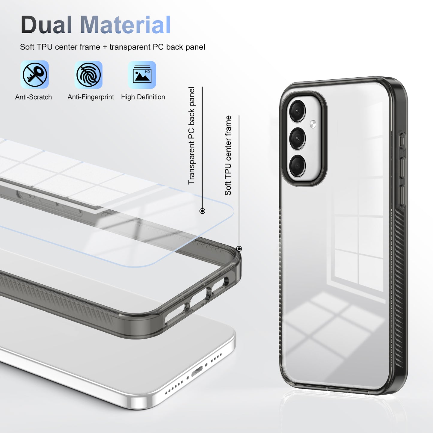 For Samsung Galaxy A16 5G / A16 4G Clear Phone Case TPU+PC Anti-Slip Drop-Proof Back Cover - Black