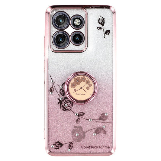 KADEM For Motorola Edge 50 Neo 5G / Moto S50 5G / Thinkphone 25 5G Case Ring Kickstand TPU Flowers Phone Cover Gradient Glitter - Rose Gold