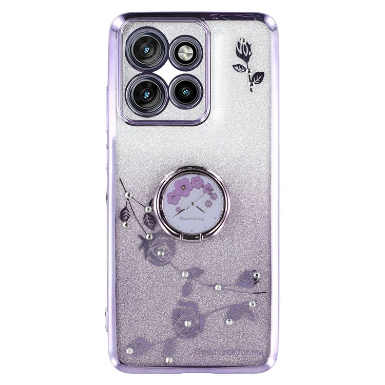 KADEM For Motorola Edge 50 Neo 5G / Moto S50 5G / Thinkphone 25 5G Case Ring Kickstand TPU Flowers Phone Cover Gradient Glitter - Purple