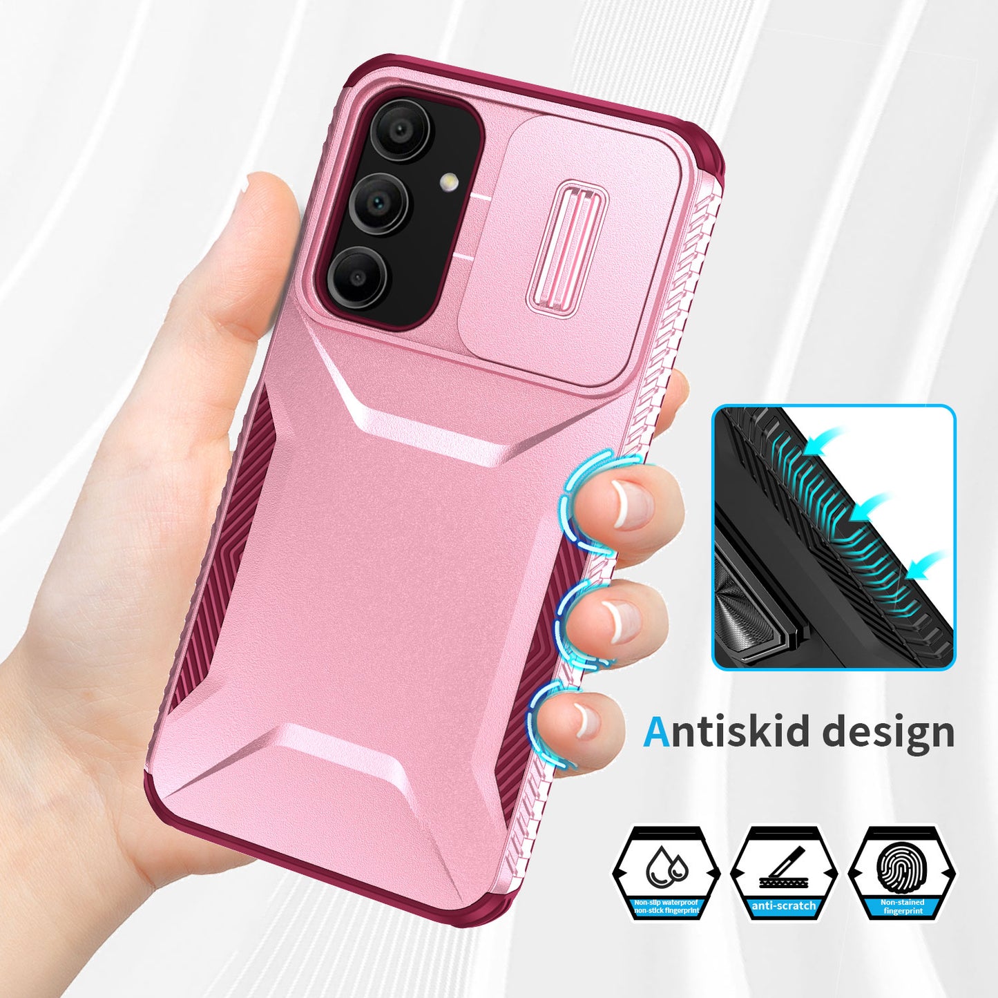 For Samsung Galaxy A16 5G / A16 4G Case Camshield TPU+PC Phone Cover Non-Slip Side Edge - Pink+Wine Red