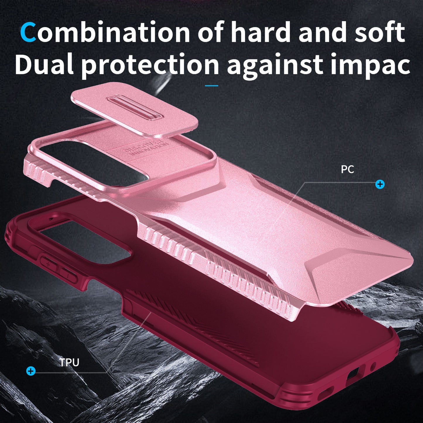 For Samsung Galaxy A16 5G / A16 4G Case Camshield TPU+PC Phone Cover Non-Slip Side Edge - Pink+Wine Red