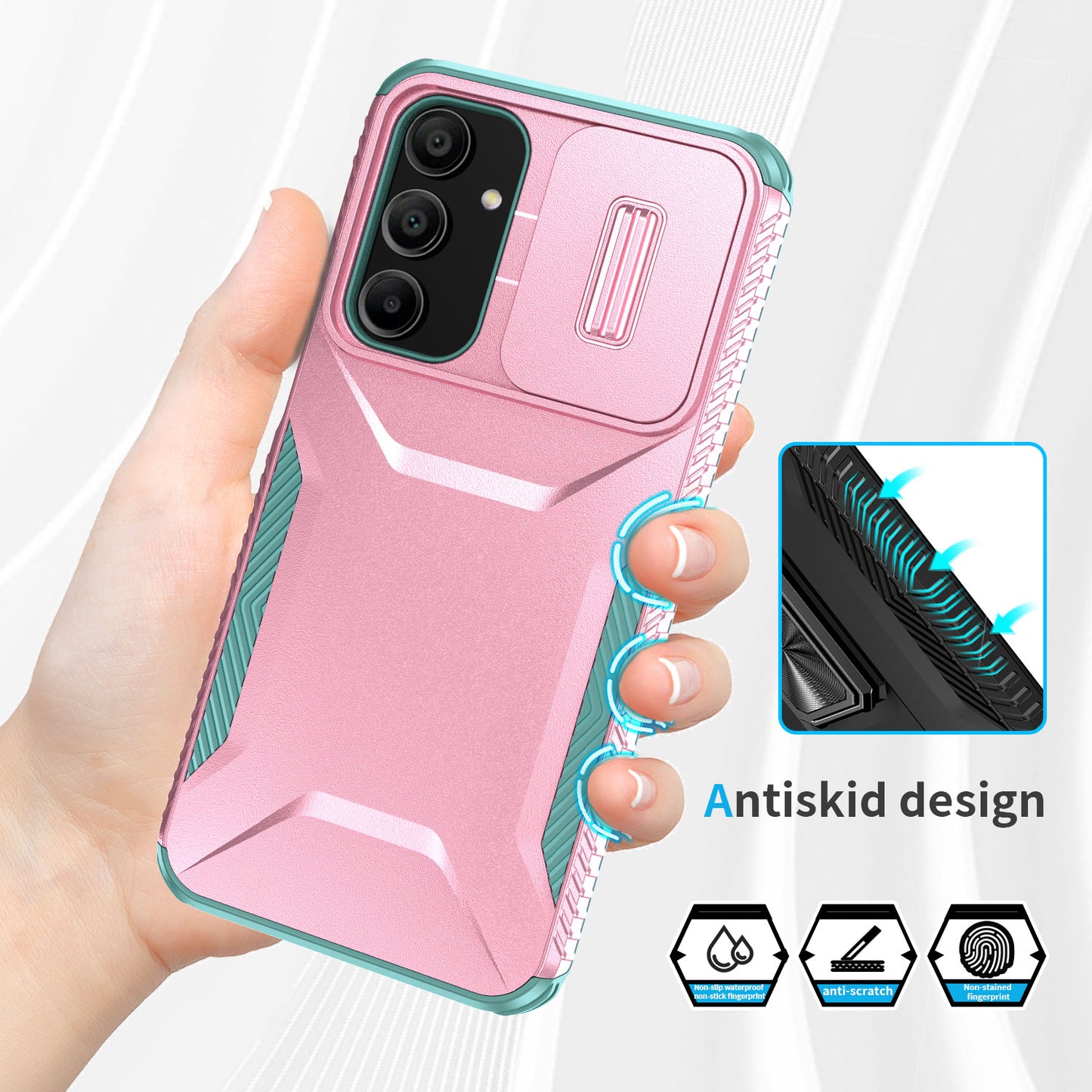 For Samsung Galaxy A16 5G / A16 4G Case Camshield TPU+PC Phone Cover Non-Slip Side Edge - Pink+Grey Green